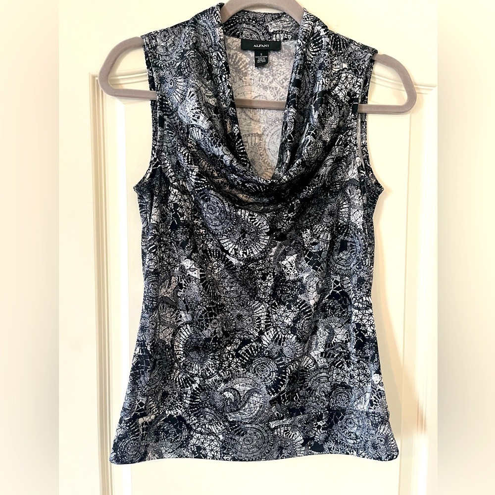 Alfani Black/Gray Draped Neck Sleeveless Blouse Women’s Size Small